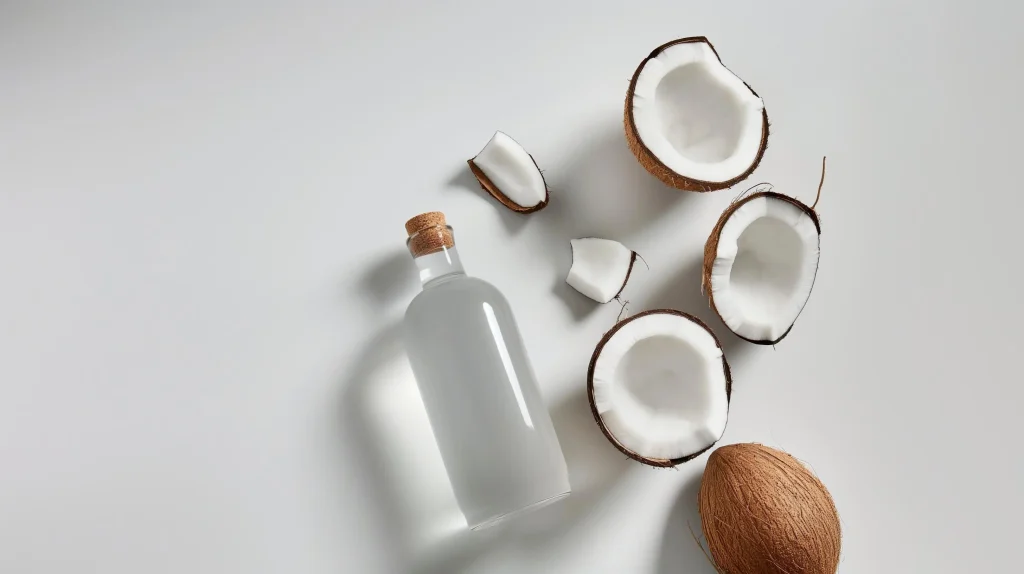 Eine Flasche Kokosöl, umgeben von halbierten und geschnittenen Kokosnüssen auf einem hellen Hintergrund