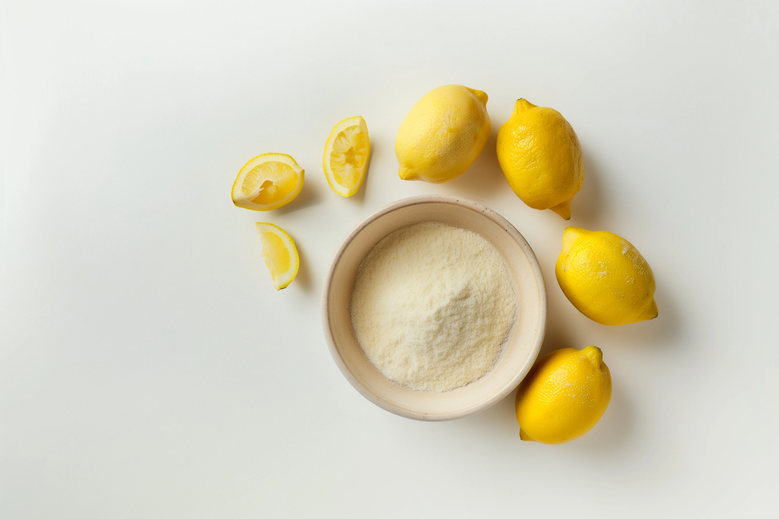 Schüssel mit Citrusfaser und daneben vier ganze Zitronen sowie einige Zitronenscheiben auf weißem Hintergrund.