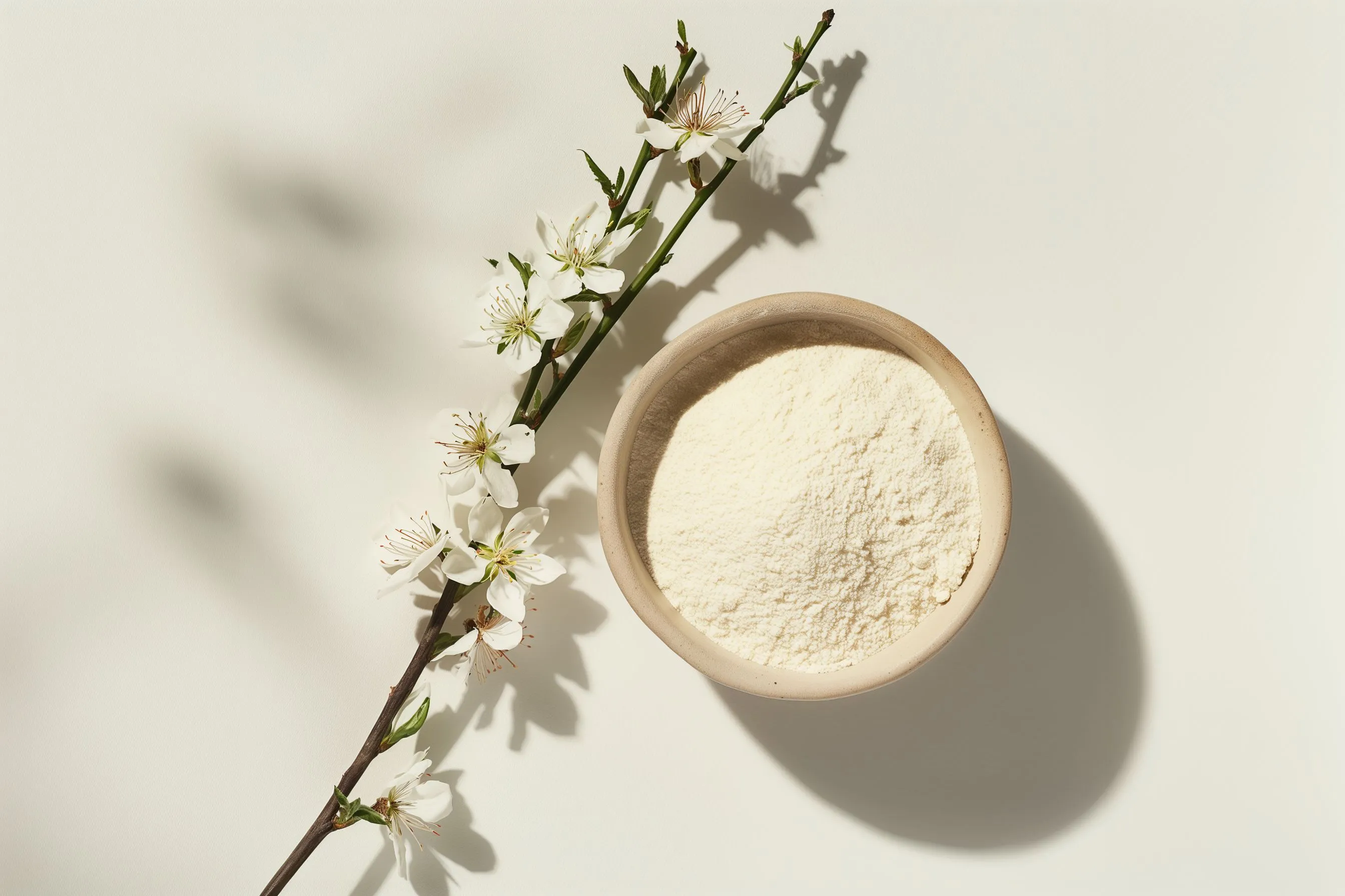 Schüssel mit Manuka-Honigpulver und einem blühenden Manuka-Zweig auf weißem Hintergrund.