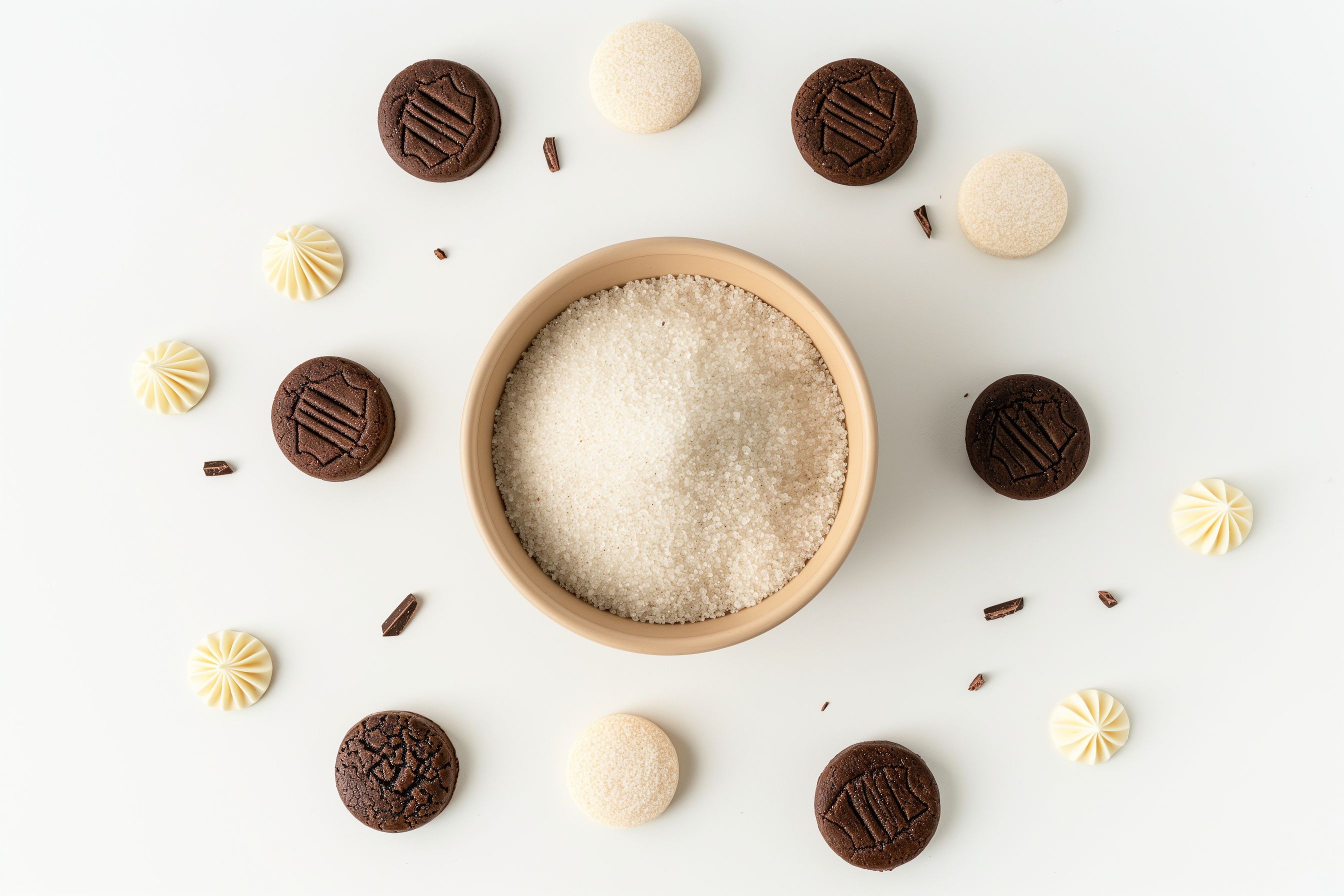 Schüssel mit Erythritol, umgeben von verschiedenen Keksen und kleinen Desserts auf weißem Hintergrund.