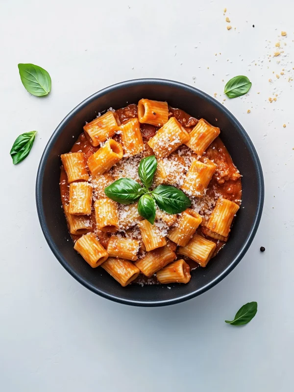 Tomatenflocken und Tomatenpasta in einem modernen Setting, perfekt präsentiert für die Lebensmittelindustrie und den Großhandel.