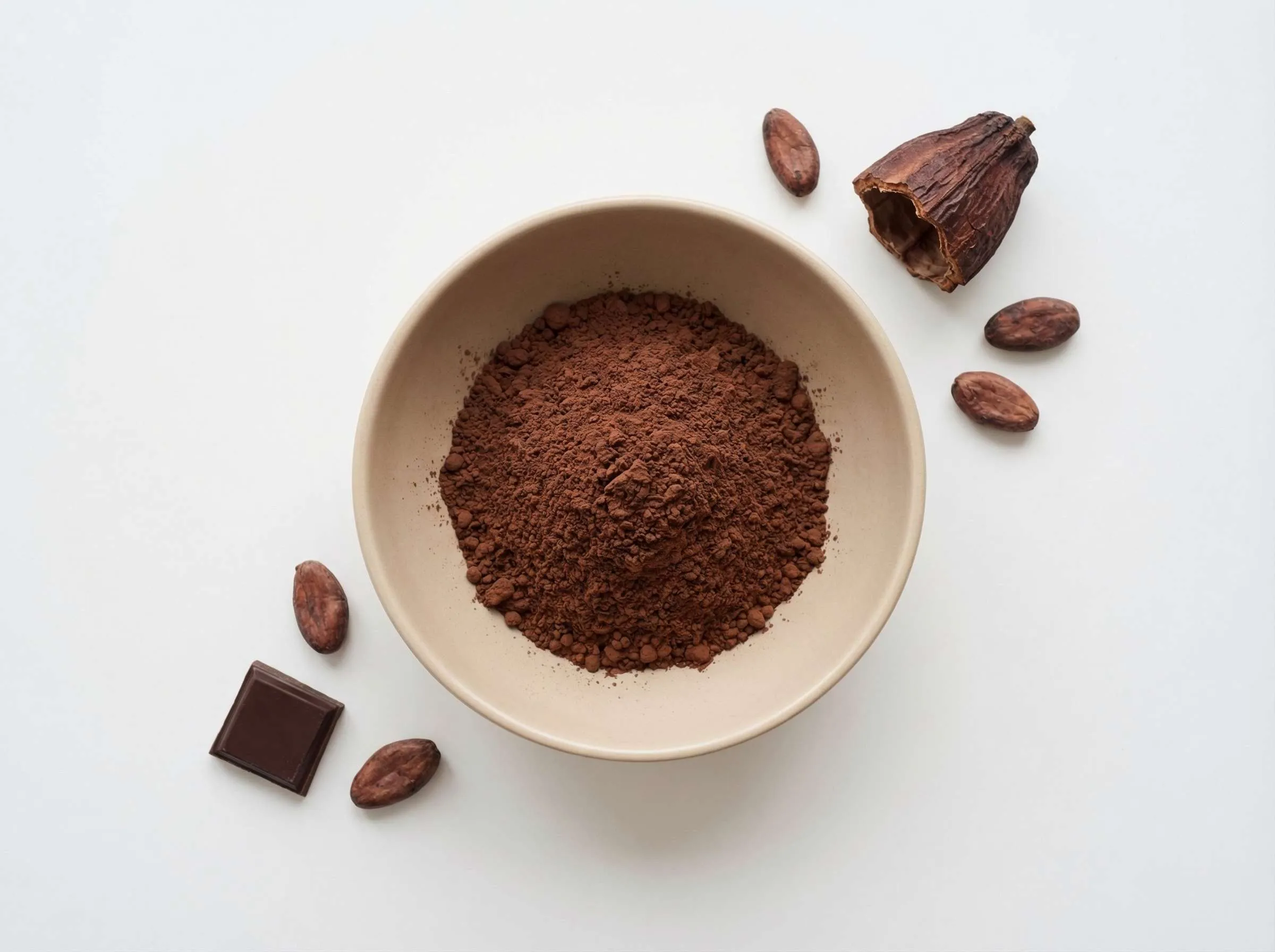 Kakaopulver in beiger Keramikschüssel von oben fotografiert, umgeben von ganzen Kakaobohnen, einem Stück Kakaoschote und Zartbitterschokolade auf weißem Hintergrund.