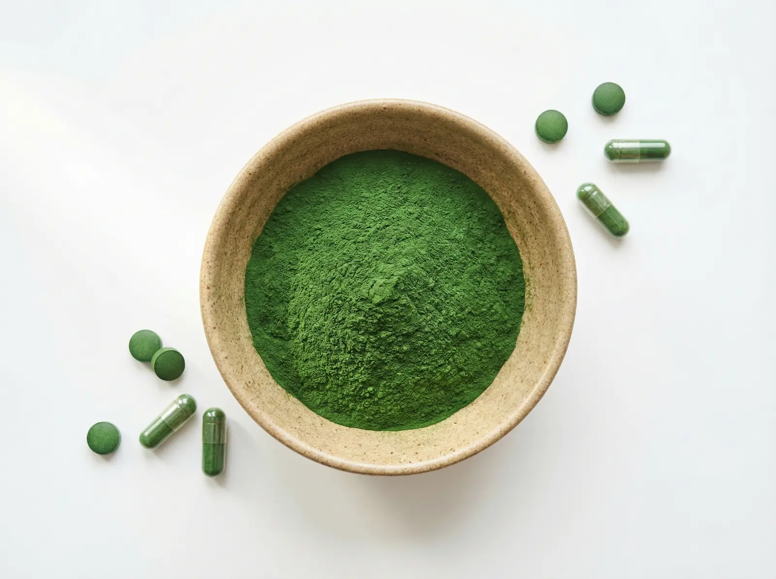 Chlorella Pulver in einer beigen Schüssel umrandet von Vitamintabletten mit Chlorella als Nahrungsergänzungsmittel
