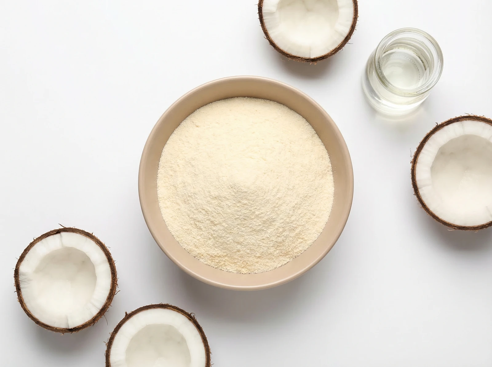 Cremefarbenes Kokosfettpulver in einer beigen Keramikschüssel, umgeben von halbierten Kokosnüssen und einem Glas Kokosöl, von oben fotografiert auf weißem Hintergrund.