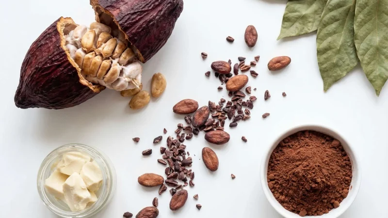 Draufsicht auf Kakaobohnen, Kakaomasse und Kakaobutter auf weißem Hintergrund – Herstellungsprozess von Kakaobutter und Kakaopulve