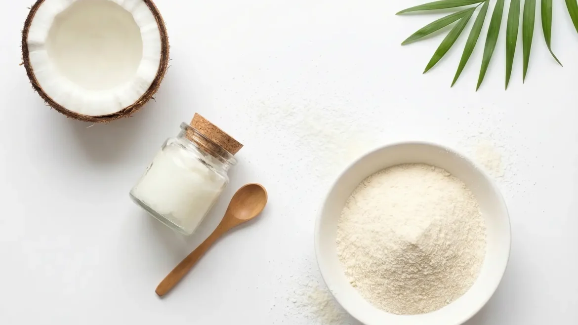 Eine Top-Down-Aufnahme zeigt halbe Kokosnuss (links oben), ein kleines Glasgefäß mit Kokosöl und Holzlöffel (Mitte) sowie eine weiße Keramikschale mit cremefarbenem Fettpulver (rechts), gerahmt von einem Palmblatt — auf weißem Hintergrund.
