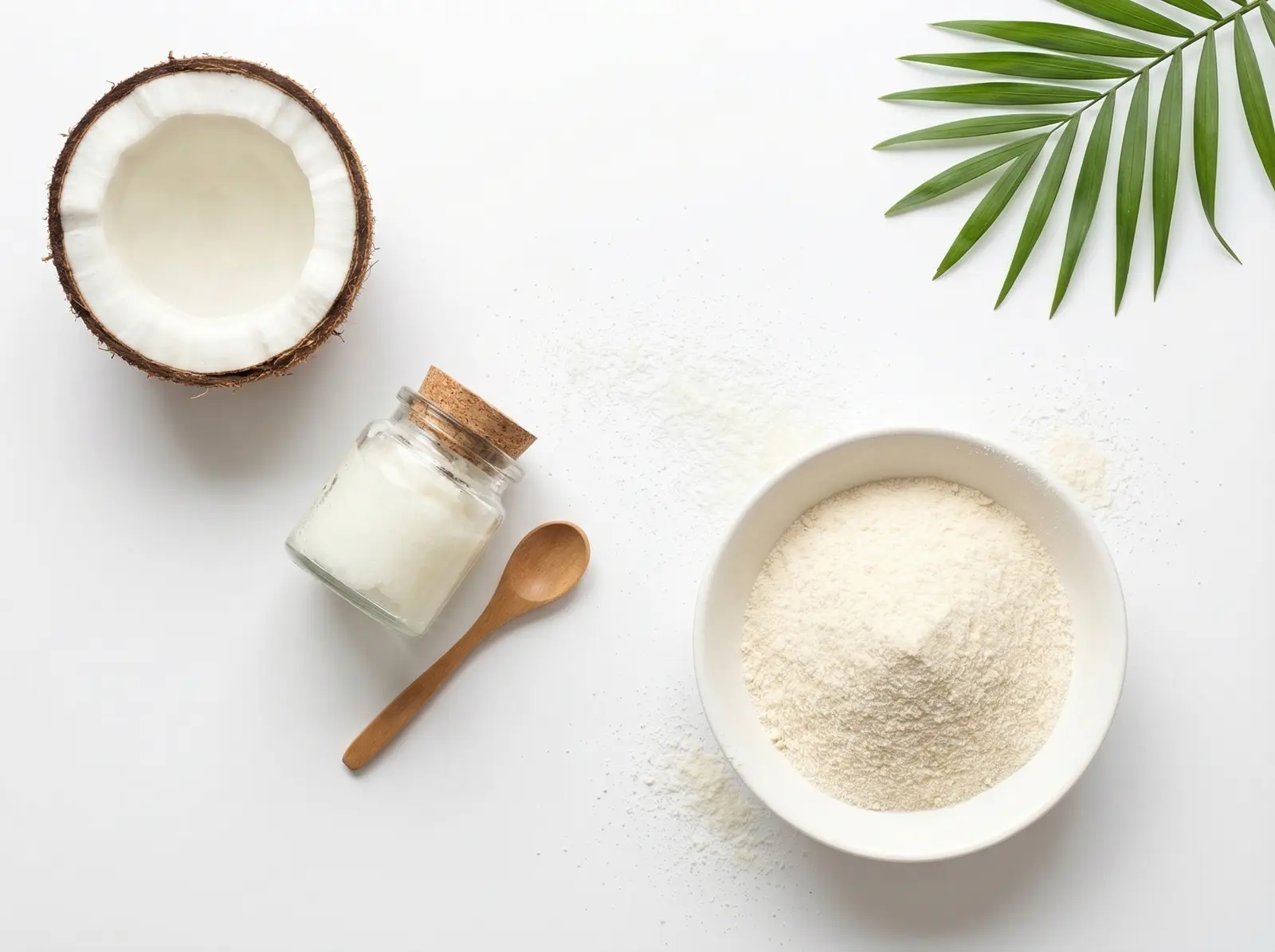 Eine Top-Down-Aufnahme zeigt halbe Kokosnuss (links oben), ein kleines Glasgefäß mit Kokosöl und Holzlöffel (Mitte) sowie eine weiße Keramikschale mit cremefarbenem Fettpulver (rechts), gerahmt von einem Palmblatt — auf weißem Hintergrund.