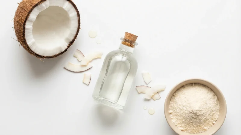 Eine Top-Down-Aufnahme zeigt halbe Kokosnuss (links oben), ein kleines Glasgefäß mit Kokosöl und Holzlöffel (Mitte) sowie eine weiße Keramikschale mit cremefarbenem Fettpulver (rechts), gerahmt von einem Palmblatt — auf weißem Hintergrund.