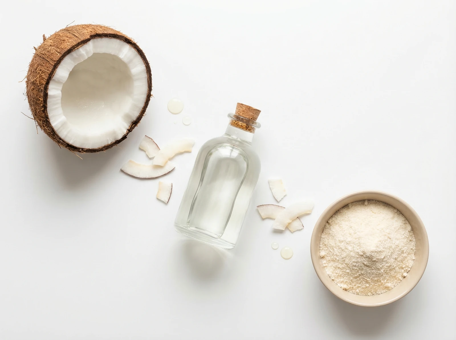 Eine Top-Down-Aufnahme zeigt halbe Kokosnuss (links oben), ein kleines Glasgefäß mit Kokosöl und Holzlöffel (Mitte) sowie eine weiße Keramikschale mit cremefarbenem Fettpulver (rechts), gerahmt von einem Palmblatt — auf weißem Hintergrund.