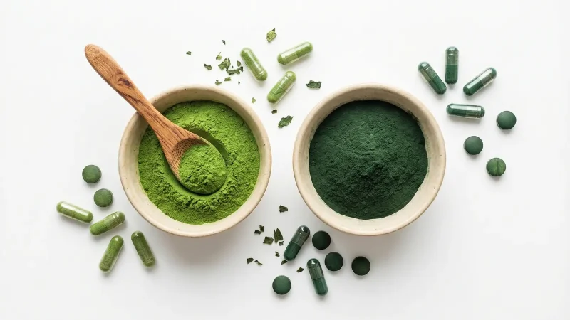 Draufsicht auf zwei beige Keramikschüsseln nebeneinander — links Spirulina-Pulver in leuchtendem Hellgrün mit einem Holzlöffel, rechts Chlorella-Pulver in dunklem Waldgrün. Darum verteilt grüne Kapseln und Tabletten mit Spirulina- und Chlorella-Füllung sowie getrocknete Algenflocken auf weißem Untergrund.