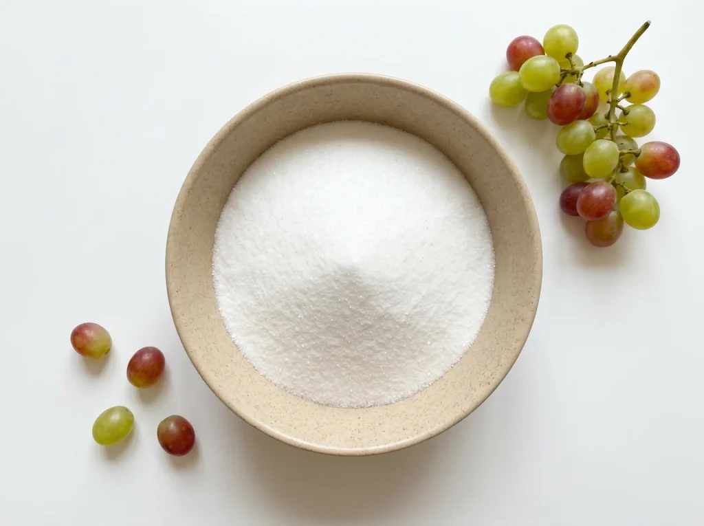 eine Dextrose – schneeweißes, kristallines Pulver in einer beigen Keramikschüssel, umgeben von frischen Weintrauben als natürliche Quelle des Traubenzuckers