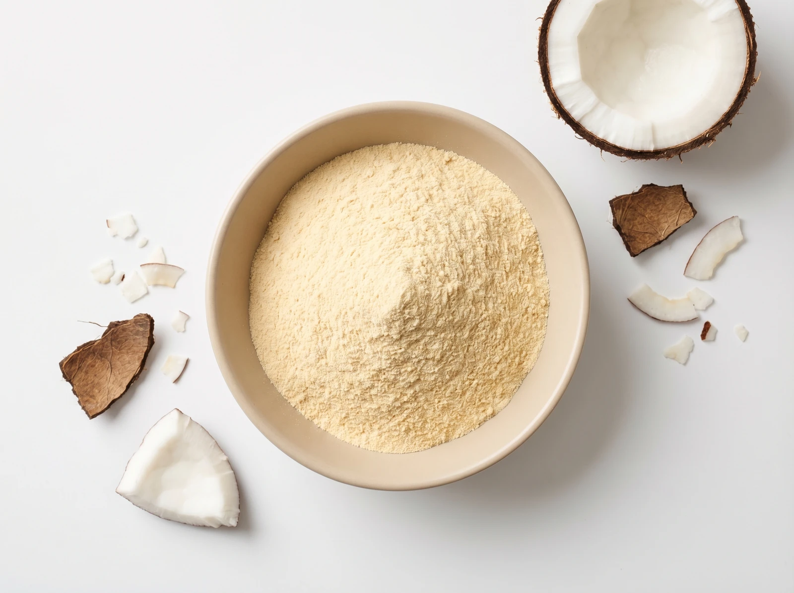 Kokosproteinpulver in einer hellen Keramikschale, umgeben von frischen Kokosnussstücken und Kokosnussschale auf weißem Hintergrund – Draufsicht