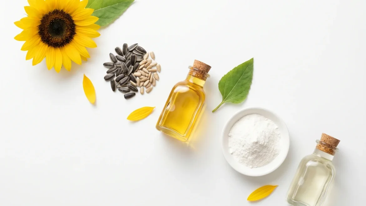 Editorial-Flatlay auf weißem Hintergrund: Sonnenblume oben links mit grünem Blatt, daneben ein Häufchen Sonnenblumenkerne mit dunklen Schalen und hellen Kernen, im Zentrum eine kleine Glasflasche mit goldenem Sonnenblumenöl und Korken, rechts eine weiße Keramikschale mit feinem weißen Pulver und eine kleine Glasflasche mit klarer Flüssigkeit und Korken — verbunden durch einzelne gelbe Blütenblätter.