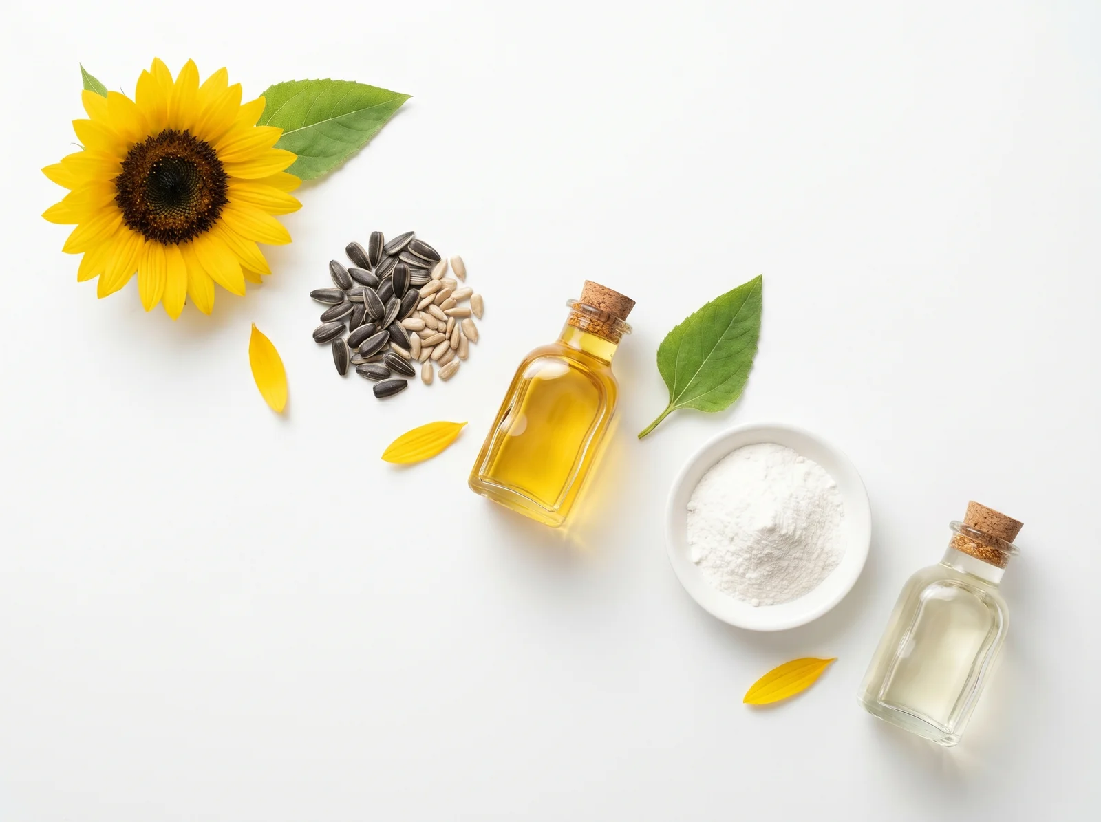 Editorial-Flatlay auf weißem Hintergrund: Sonnenblume oben links mit grünem Blatt, daneben ein Häufchen Sonnenblumenkerne mit dunklen Schalen und hellen Kernen, im Zentrum eine kleine Glasflasche mit goldenem Sonnenblumenöl und Korken, rechts eine weiße Keramikschale mit feinem weißen Pulver und eine kleine Glasflasche mit klarer Flüssigkeit und Korken — verbunden durch einzelne gelbe Blütenblätter.