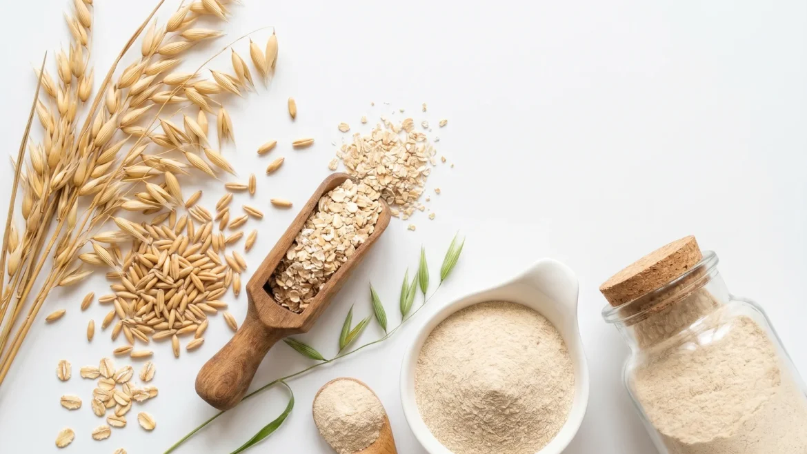 Top-Down-Aufnahme auf weißem Hintergrund: links goldene Haferähren mit losen Haferkörnern und -flocken, in der Mitte ein Holzlöffel mit Haferkleie, rechts unten eine weiße Keramikschale und ein Korkenglas, beide gefüllt mit feinem beige-cremefarbenem Hafer-Beta-Glucan-Pulver, dazwischen grüne Haferblätter.