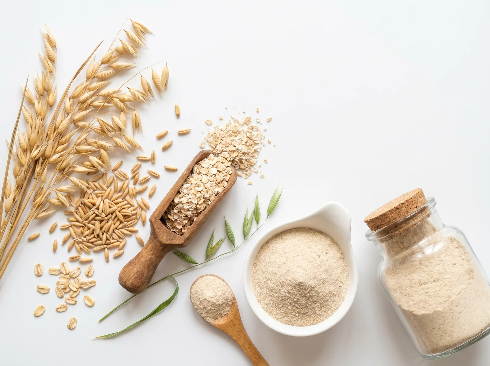 Top-Down-Aufnahme auf weißem Hintergrund: links goldene Haferähren mit losen Haferkörnern und -flocken, in der Mitte ein Holzlöffel mit Haferkleie, rechts unten eine weiße Keramikschale und ein Korkenglas, beide gefüllt mit feinem beige-cremefarbenem Hafer-Beta-Glucan-Pulver, dazwischen grüne Haferblätter.