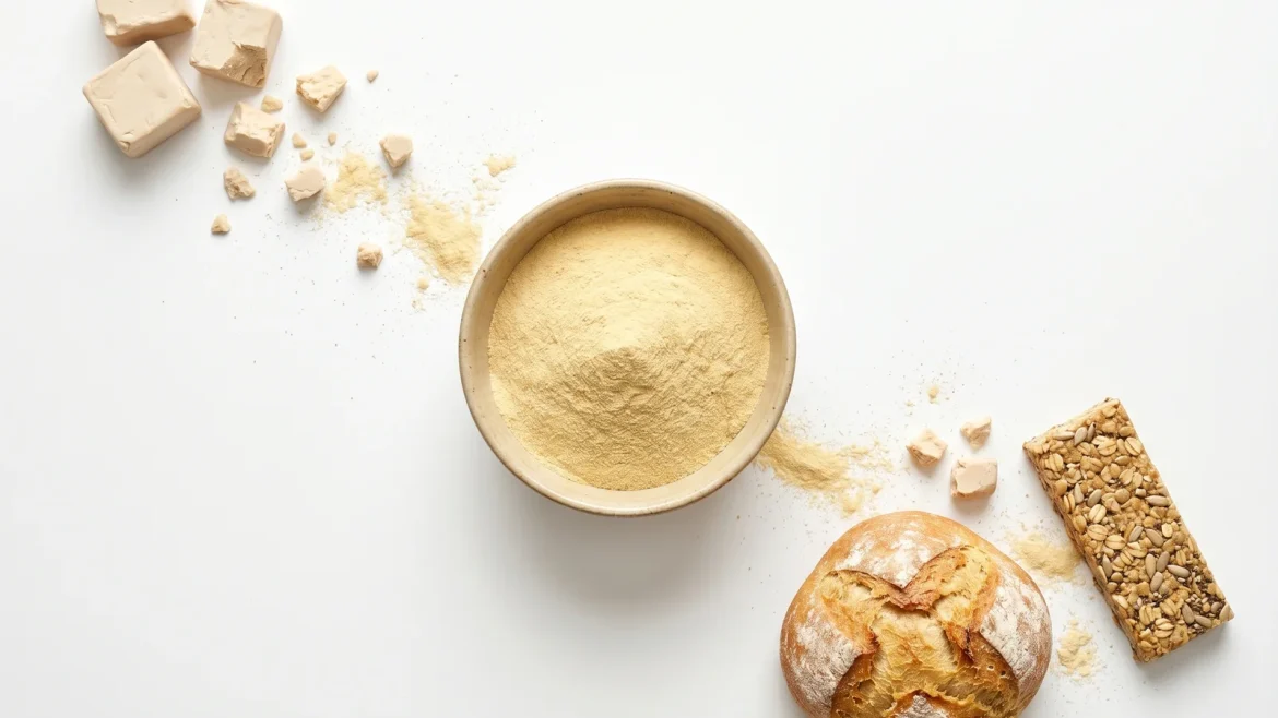 Top-Down-Aufnahme auf weißem Hintergrund: links frische beige Backhefe-Würfel, in der Mitte eine Keramikschüssel mit feinem gelblichem Hefeproteinpulver, rechts ein goldbraunes Brötchen und ein Proteinriegel mit Haferflocken und Saaten, diagonal angeordnet.