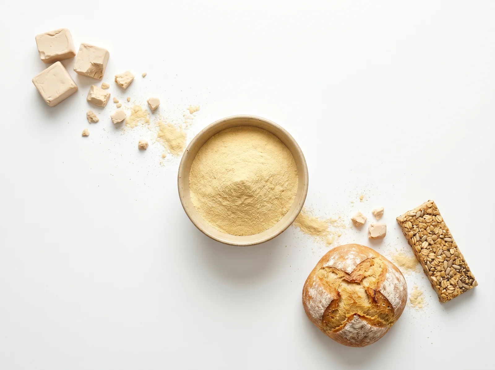 Top-Down-Aufnahme auf weißem Hintergrund: links frische beige Backhefe-Würfel, in der Mitte eine Keramikschüssel mit feinem gelblichem Hefeproteinpulver, rechts ein goldbraunes Brötchen und ein Proteinriegel mit Haferflocken und Saaten, diagonal angeordnet.