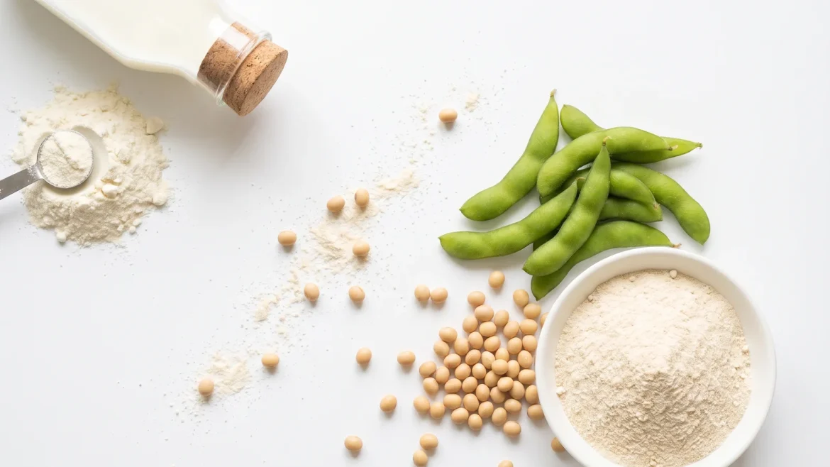 Top-Down-Aufnahme auf weißem Hintergrund: oben links eine flachliegende Glasflasche mit Korken voll Milch neben einem Häufchen cremeweißem Proteinpulver mit Messlöffel, rechts größer eine weiße Schale mit hellem Sojaproteinpulver, daneben grüne Edamame-Schoten und verstreute beige Sojabohnen. Eine diagonale Spur aus Bohnen und Pulver verbindet beide Seiten.
