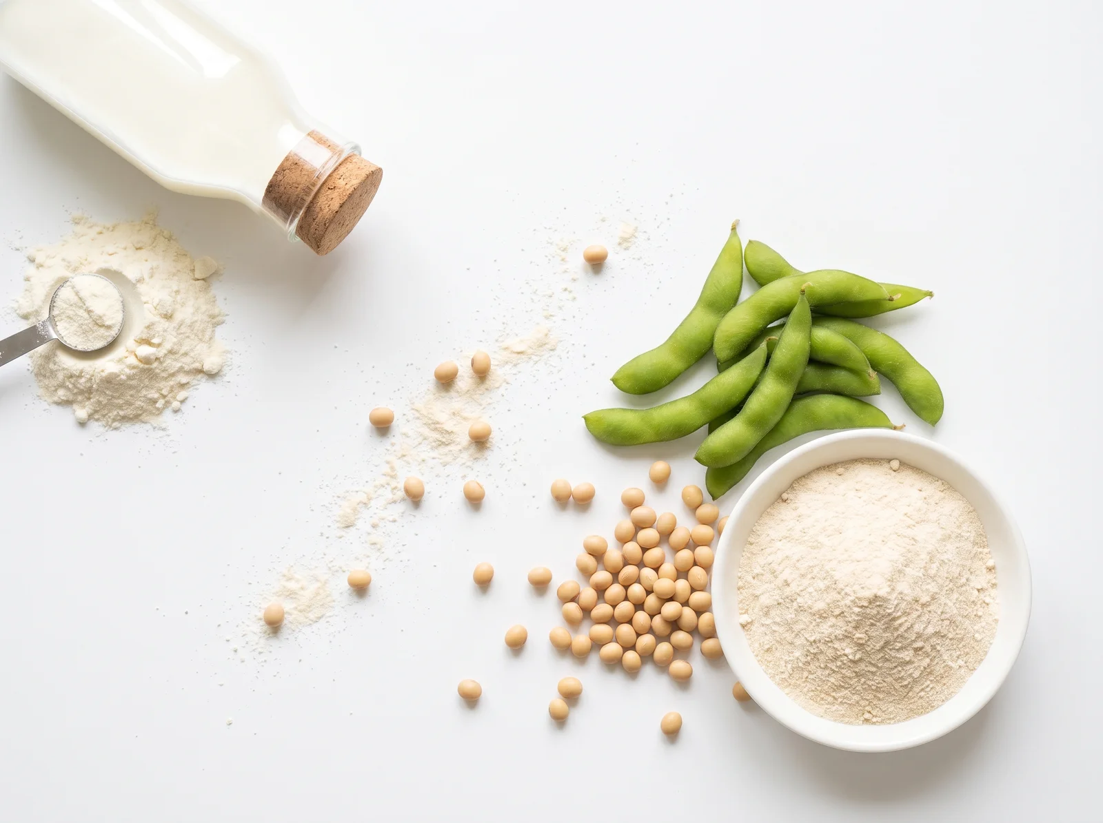 Top-Down-Aufnahme auf weißem Hintergrund: oben links eine flachliegende Glasflasche mit Korken voll Milch neben einem Häufchen cremeweißem Proteinpulver mit Messlöffel, rechts größer eine weiße Schale mit hellem Sojaproteinpulver, daneben grüne Edamame-Schoten und verstreute beige Sojabohnen. Eine diagonale Spur aus Bohnen und Pulver verbindet beide Seiten.