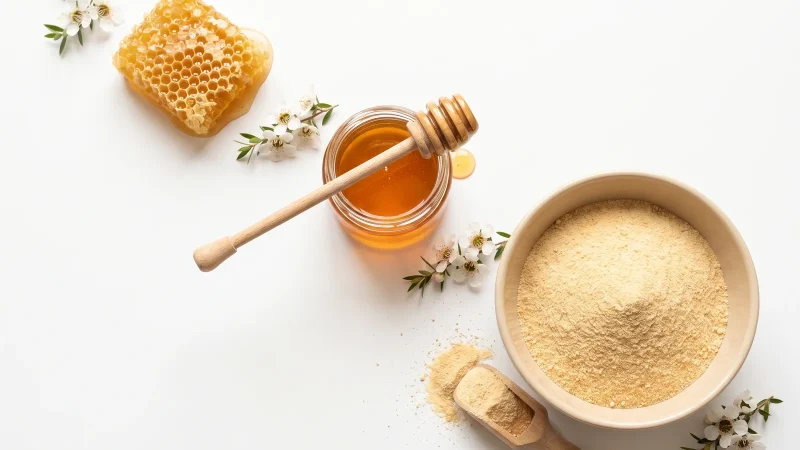 Draufsicht auf weißem Grund: links oben ein Stück goldene Honigwabe, in der Mitte ein Glas mit flüssigem Honig und einem Honiglöffel aus Holz, rechts unten eine beige Keramikschale mit hellgoldenem Honigpulver und daneben eine Holzschaufel mit Pulver. Dazwischen liegen kleine weiße Manukablüten mit grünen Blättern.