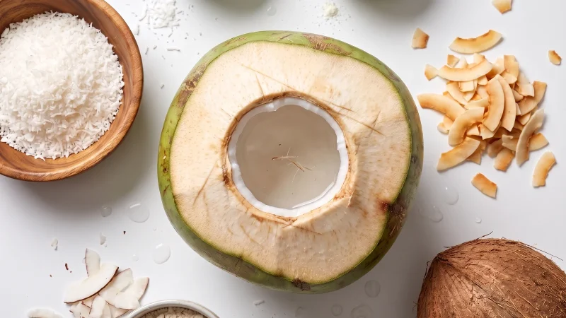 Eine junge grüne Kokosnuss mit abgeschlagener Oberseite steht in der Mitte. In der runden Öffnung ist Kokoswasser zu sehen. Um sie herum liegen auf weißem Grund eine Holzschüssel mit Kokosraspeln, weitere Schalen mit hellem Kokospulver und Kokosmehl, geröstete Kokoschips, Kokosstücke und eine reife braune Kokosnuss.